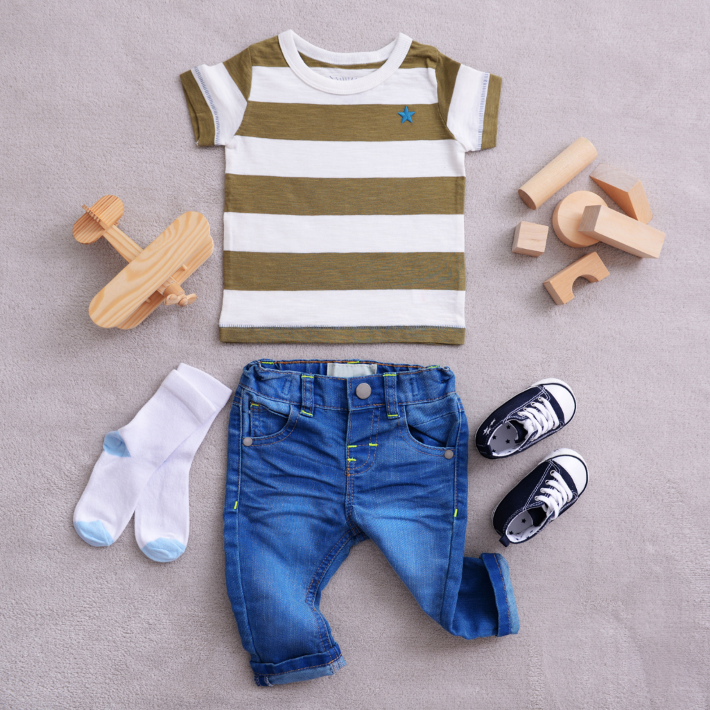 Baby shirt, jeans, shoes, and socks for how to save money on baby