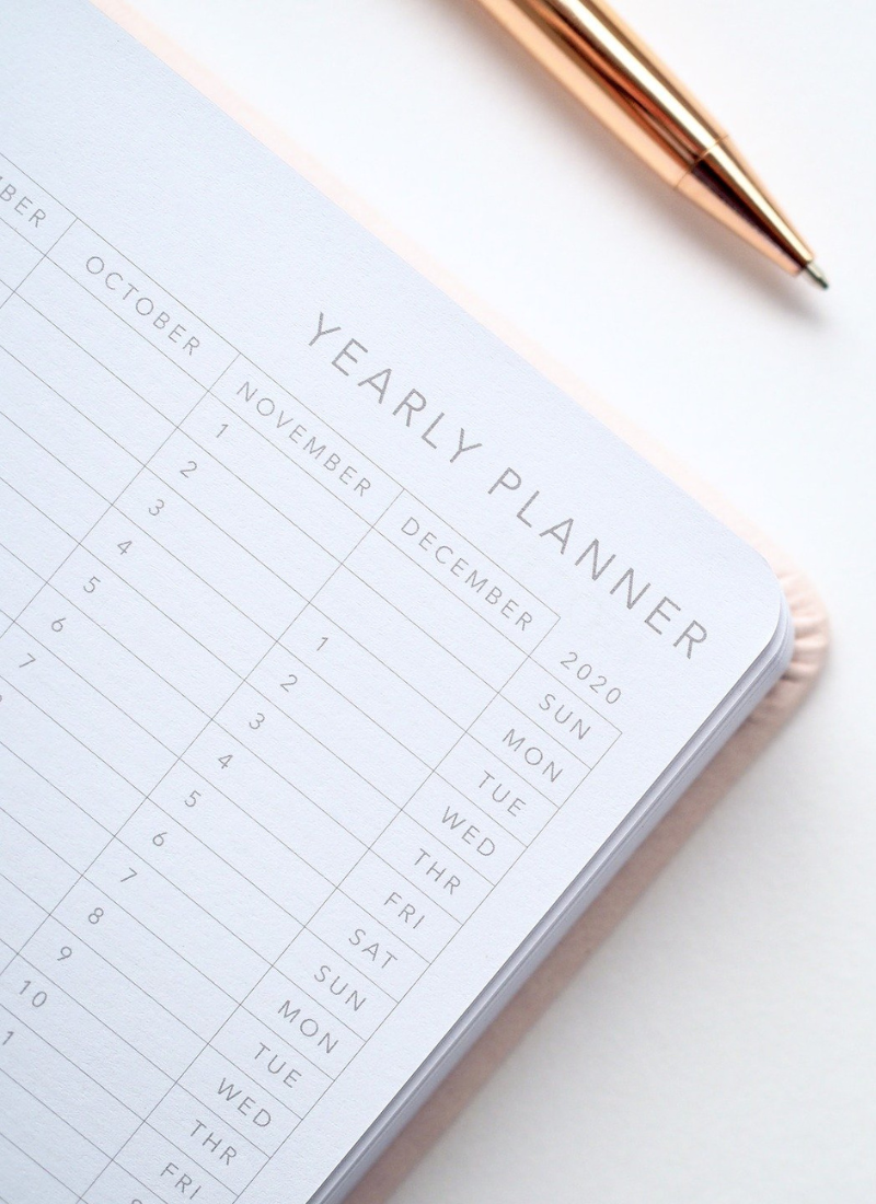 Annual planner and gold pen for new year money challenge