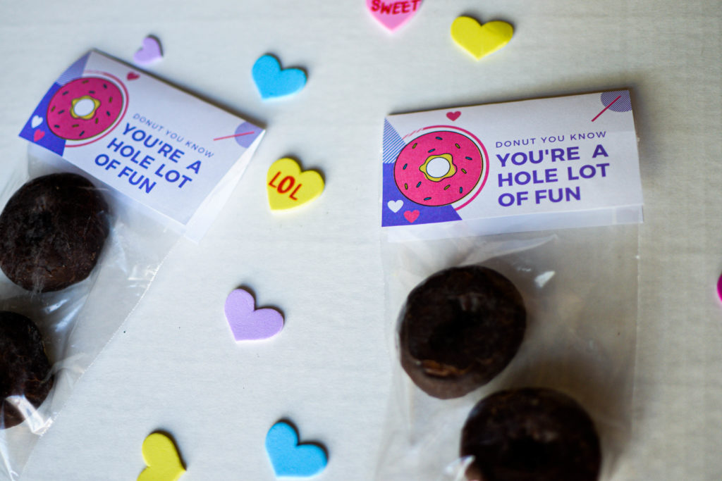 Mini donuts for free Valentine's Day printable cards for kids