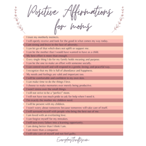 printable graphic with pink chart showing positive affirmations for moms