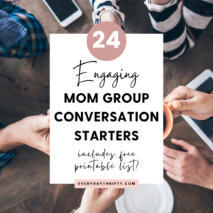 friends talking around pinterest graphic for mom group conversation starters