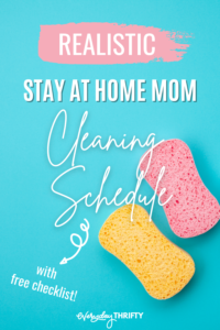 cleaning schedule Pinterest graphic with sponges on blue background