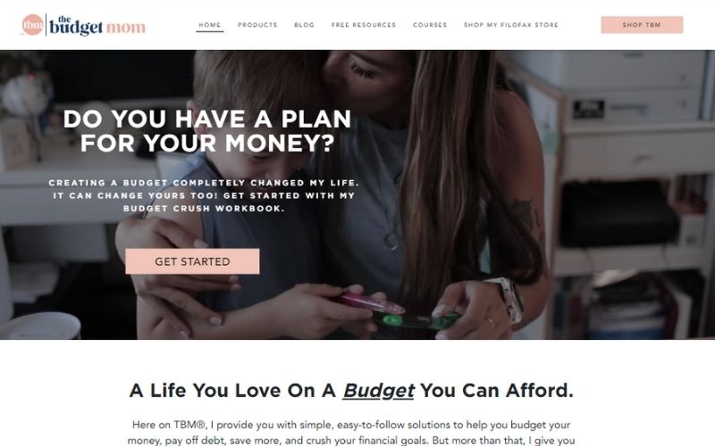 Screenshot of The Budget Mom home screen for debt free living blogs