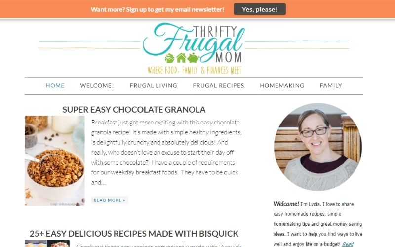 Screenshot of Thrifty Frugal Mom blog home screen 