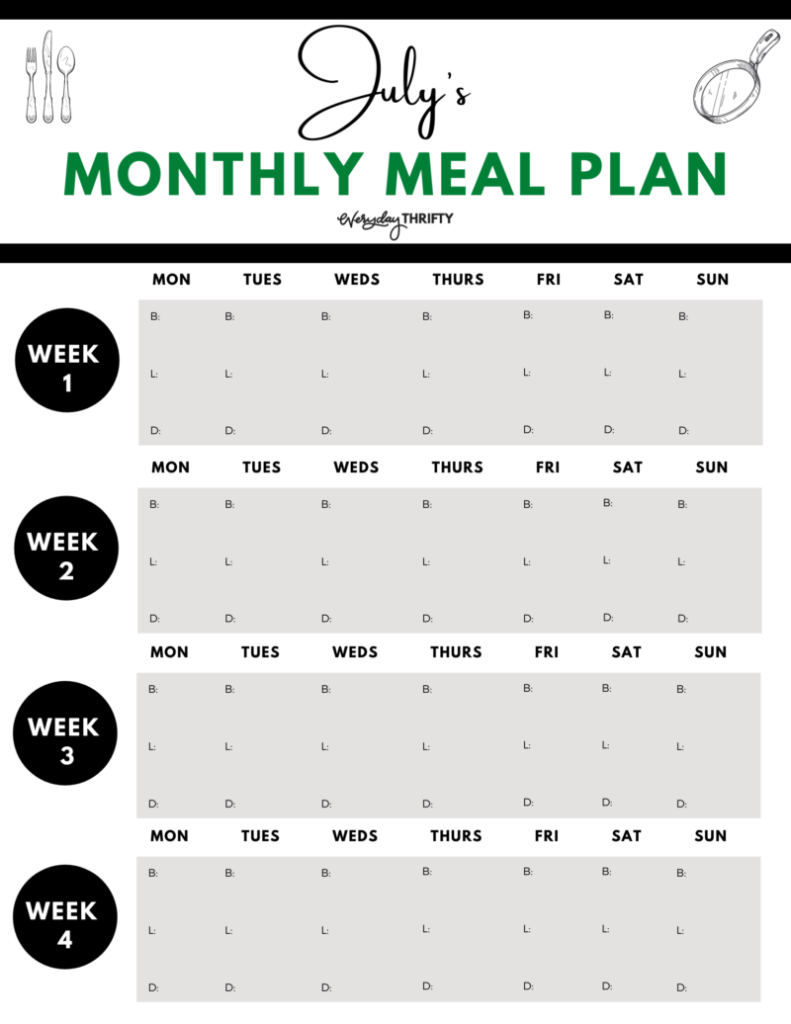 free printable monthly meal plan on a budget template