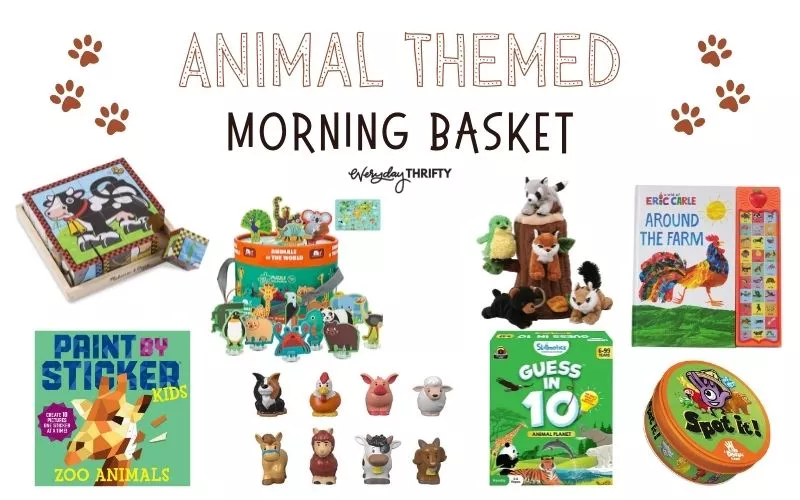 Animal Themed Morning Basket Ideas with games, books, toys, puzzles pictured.