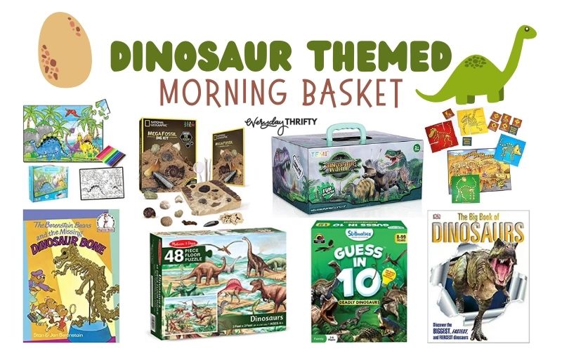 Dinosaur themed morning bin theme with games, puzzles, learning activities, and books. 