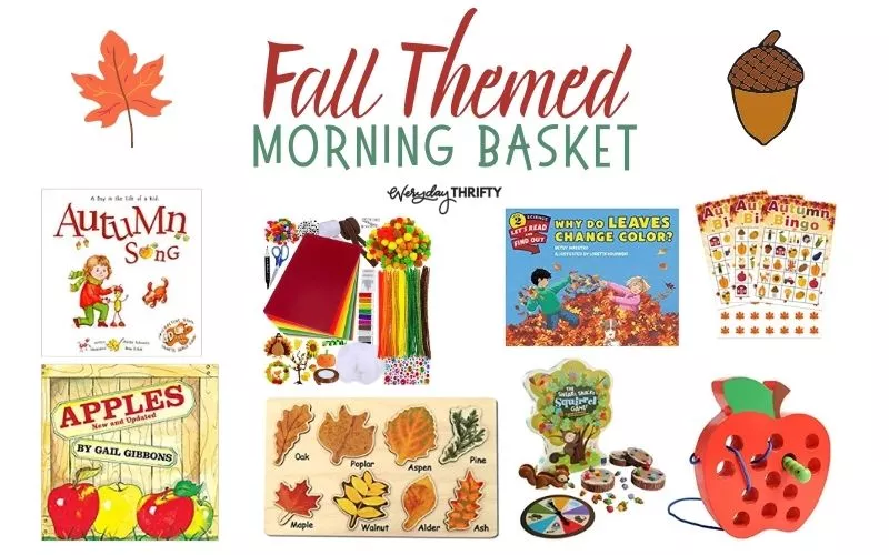 Fall themed morning bin with books, puzzles, games, and learning activities. 
