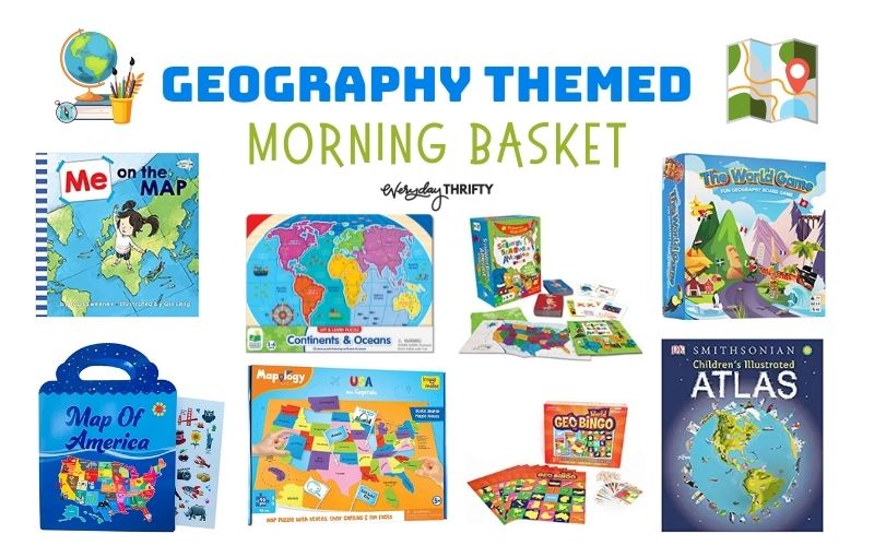 Geography morning bin theme with books, learning activities, puzzles, and games. 