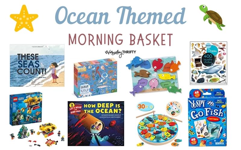 Ocean themed morning bin theme with learning activities, games, books, and puzzles. 