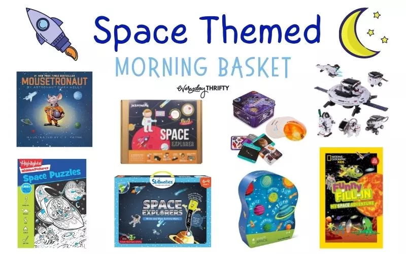Spaced Themed Morning Basket Idea with books, puzzles, games, and STEM toys. 