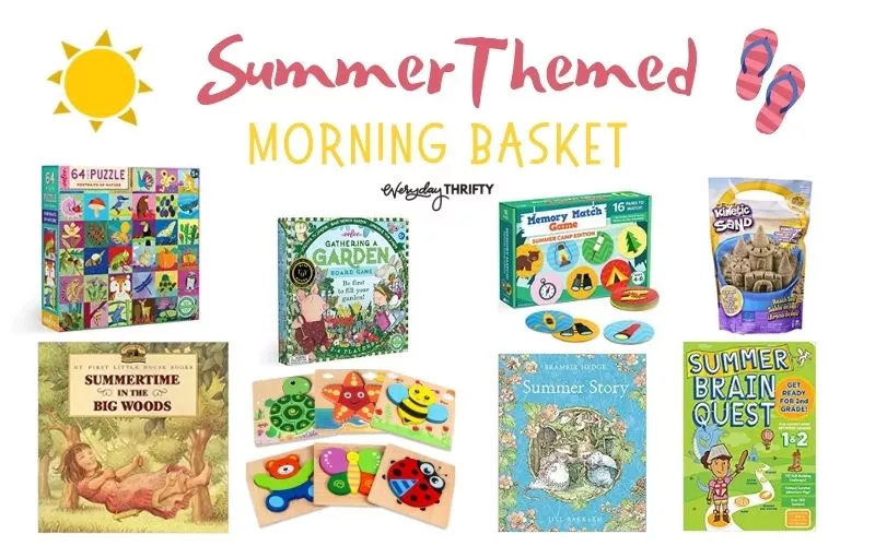 Morning Basket Ideas for summer with books, games, puzzles, learning activities pictured. 