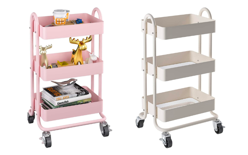 3-Tier Rolling cart pictured in both pink and white colors as homeschool gift ideas for moms. 