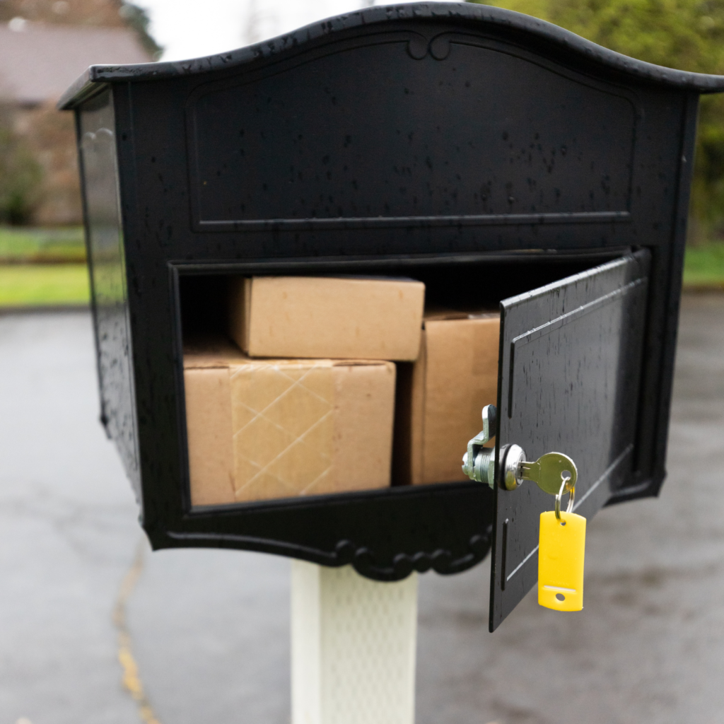 packages in black mailbox