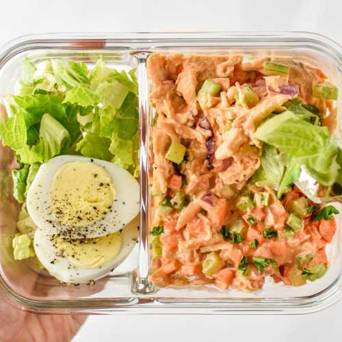 Buffalo chicken salad that you can meal prep in advance for your weekly lunches.