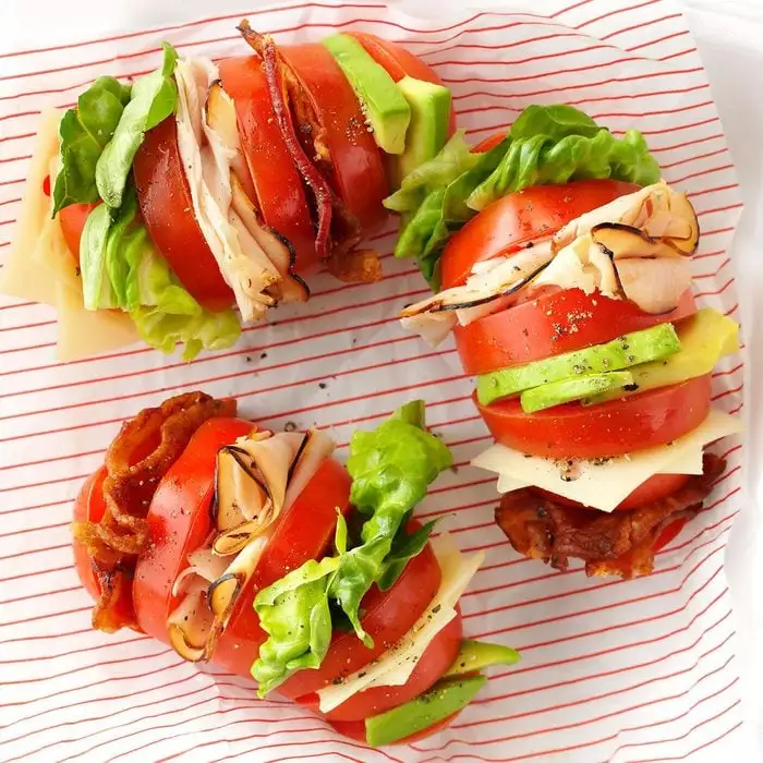 Hasselback tomato clubs which are easy, cheap, and gluten-free. 