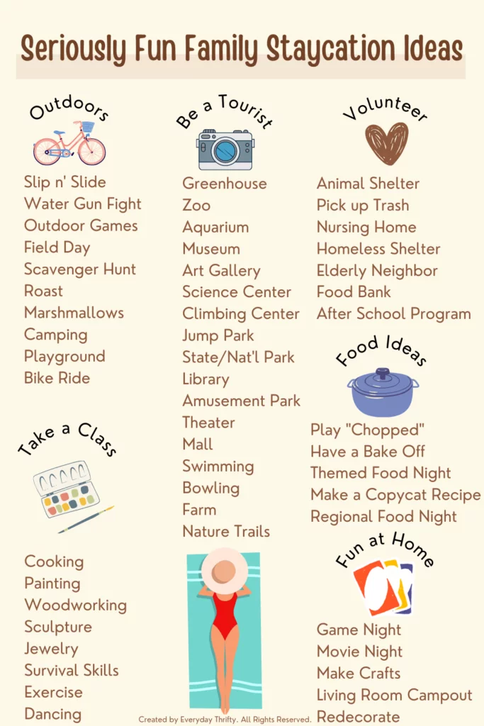 Staycation Ideas for Families Pinterest Graphic with ideas for outdoors, around town, volunteering, fun at home, etc. 
