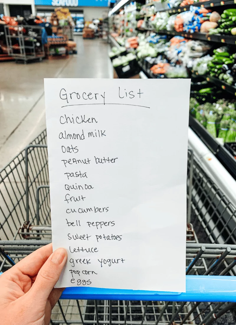 Grovery list and shopping cart in grocery store