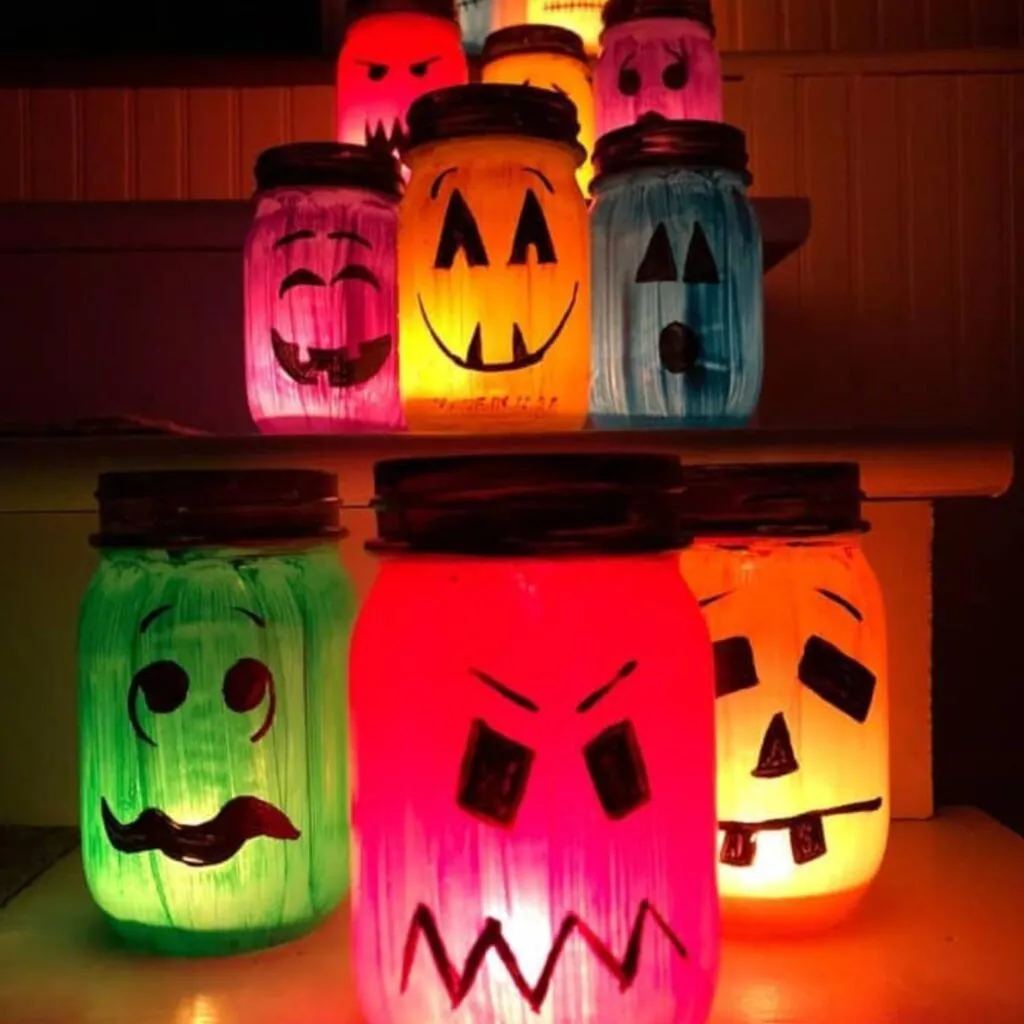 Painted Halloween themed jar with lights craft 