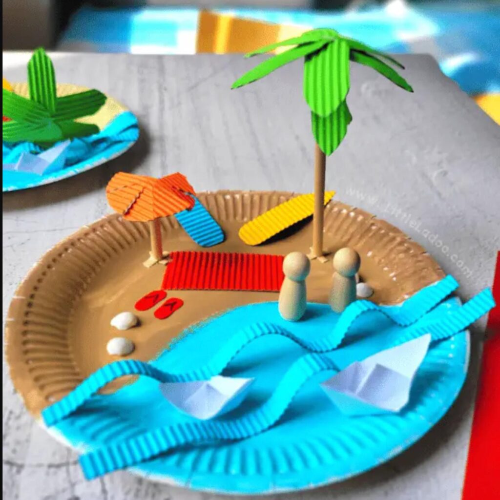 Paper plate beach craft with water, sand, and palm tree