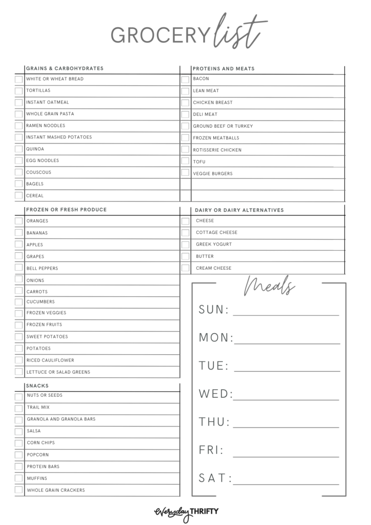 Free printable of cheap & healthy grocery list for college students
