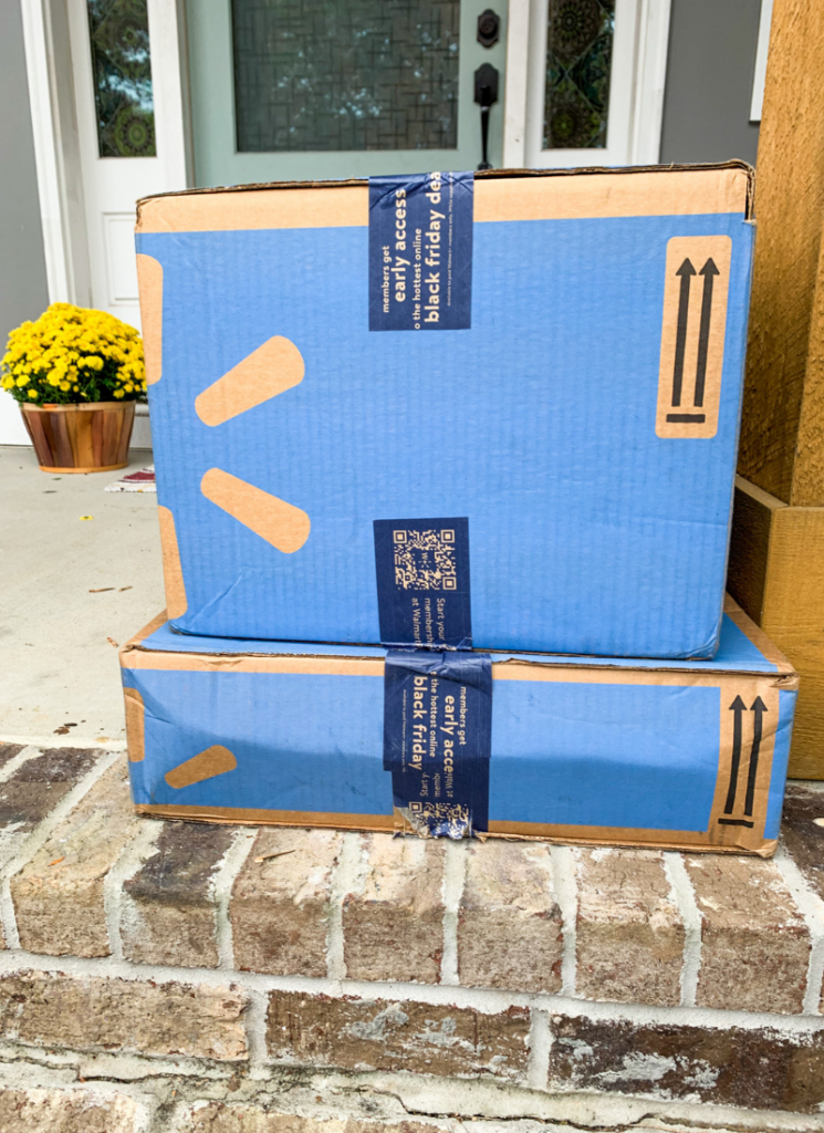 shipping boxes on porch for walmart clothing brands