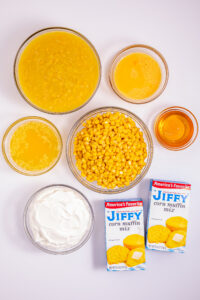 Top-down view off all ingredients needed for slow cooler sorn casserole